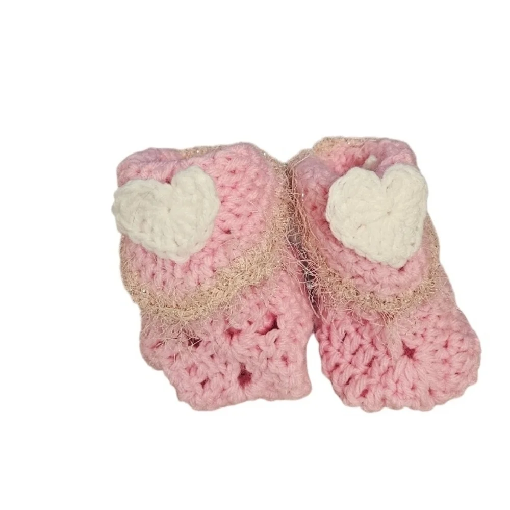 Hand Crochet Baby Booties Pink White Heart Valentine Granny Square Baby shoes 5